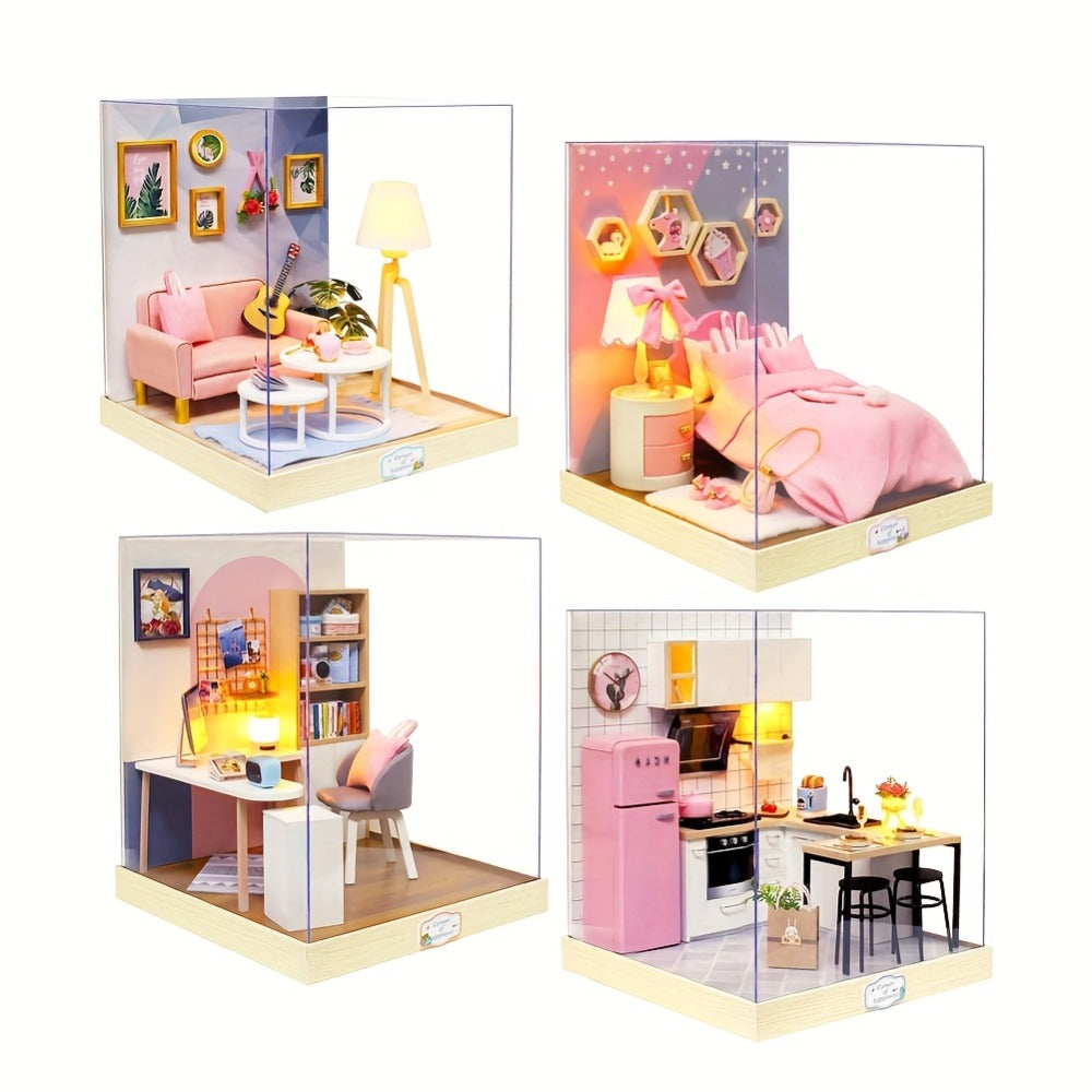 DIY Miniature Dollhouse Kit with Dust Cover Small, Mini House Model No Glue with the Listed Color, Size or Set Options for Ev