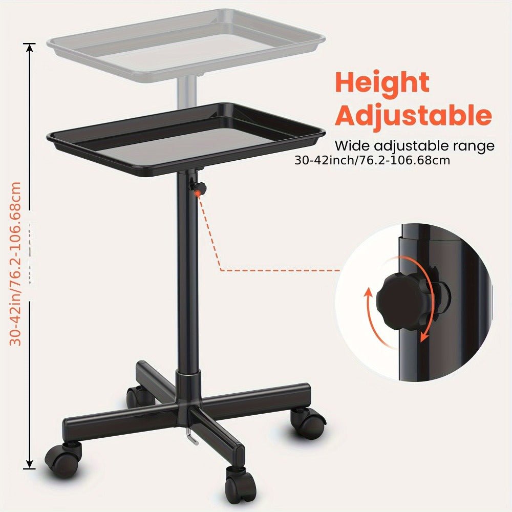 Salon Rolling Tray Trolley on Wheels Height Adjustable 30"-42" – Silver Mobile Salon Cart for Nail Tech, Esthetician, Barber 