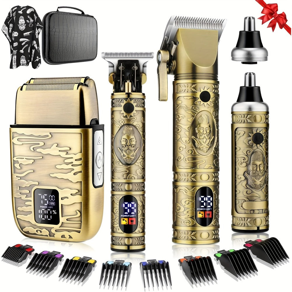 Cordless Hair Clipper & Trimmer Kit for Men – Professional Rechargeable Grooming Set, Golden Edition, Wireless Fade Clipper w