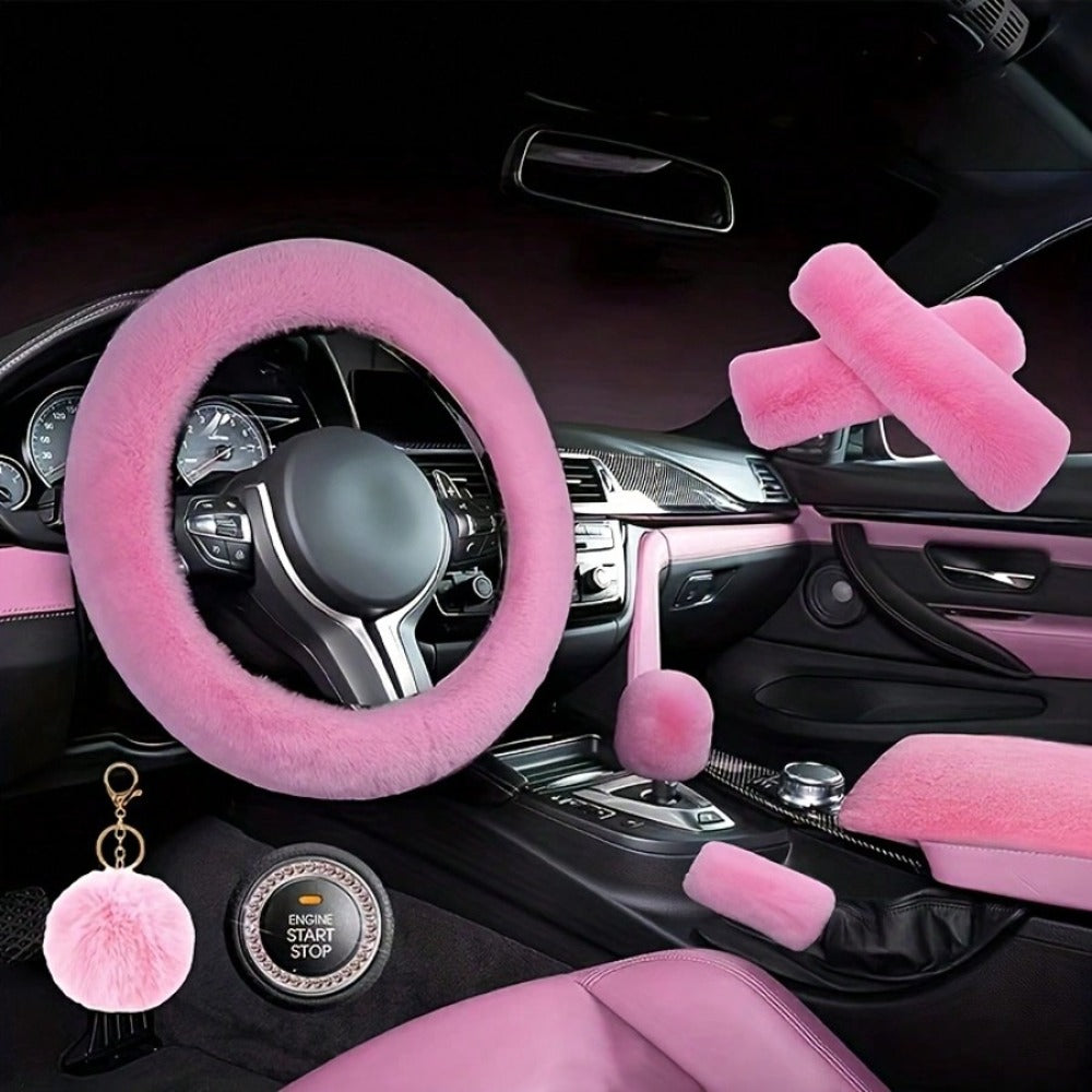 Plush Fluffy Steering Wheel Cover – Rex Rabbit Fur Texture, Universal Fit, 12 Colors (Black, Pink, Purple, Red & More) — imag