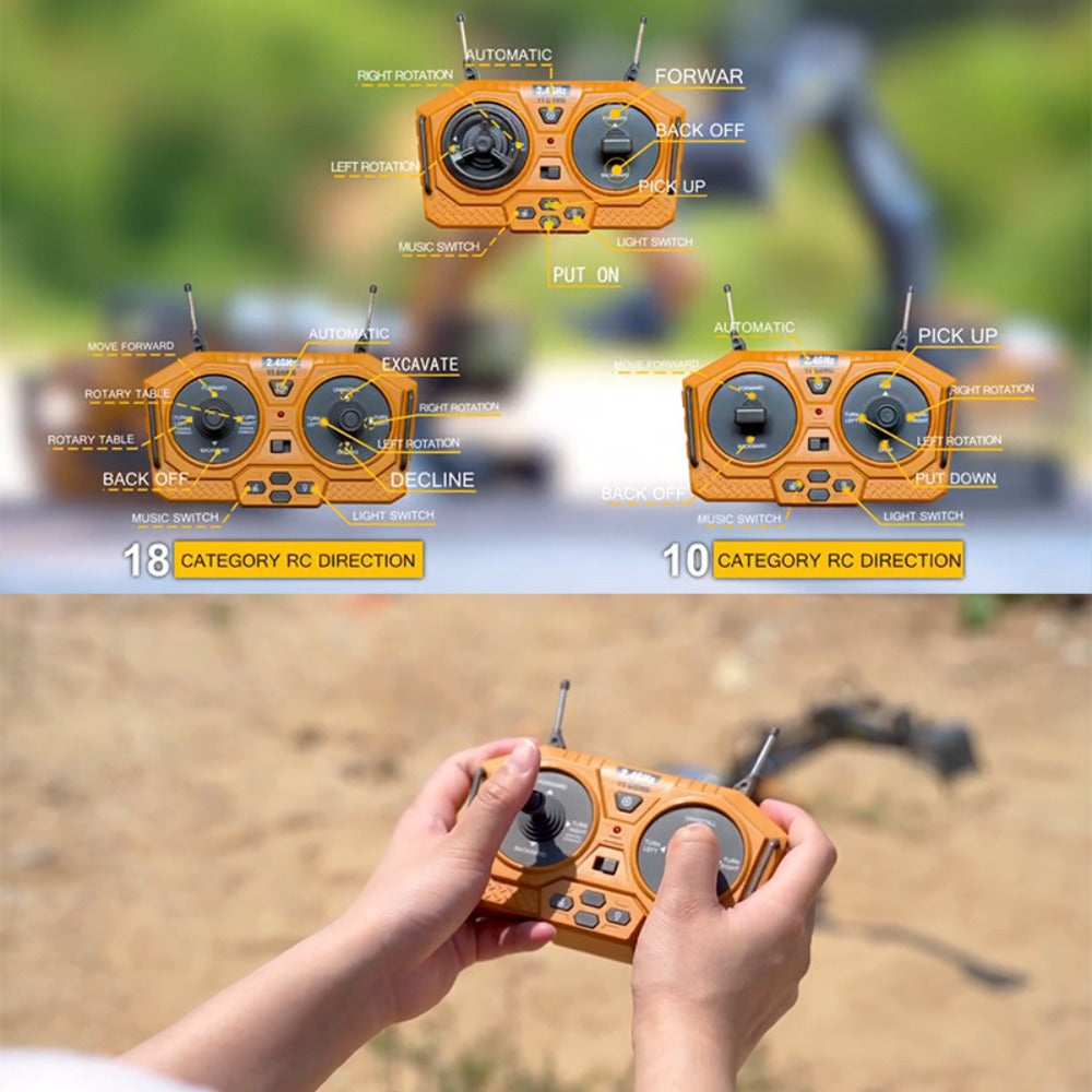 RC Construction Vehicle Toy Set 2.4GHz Remote Control Excavator Bulldozer Dump Truck Loader with Alloy Head LED Lights & Soun