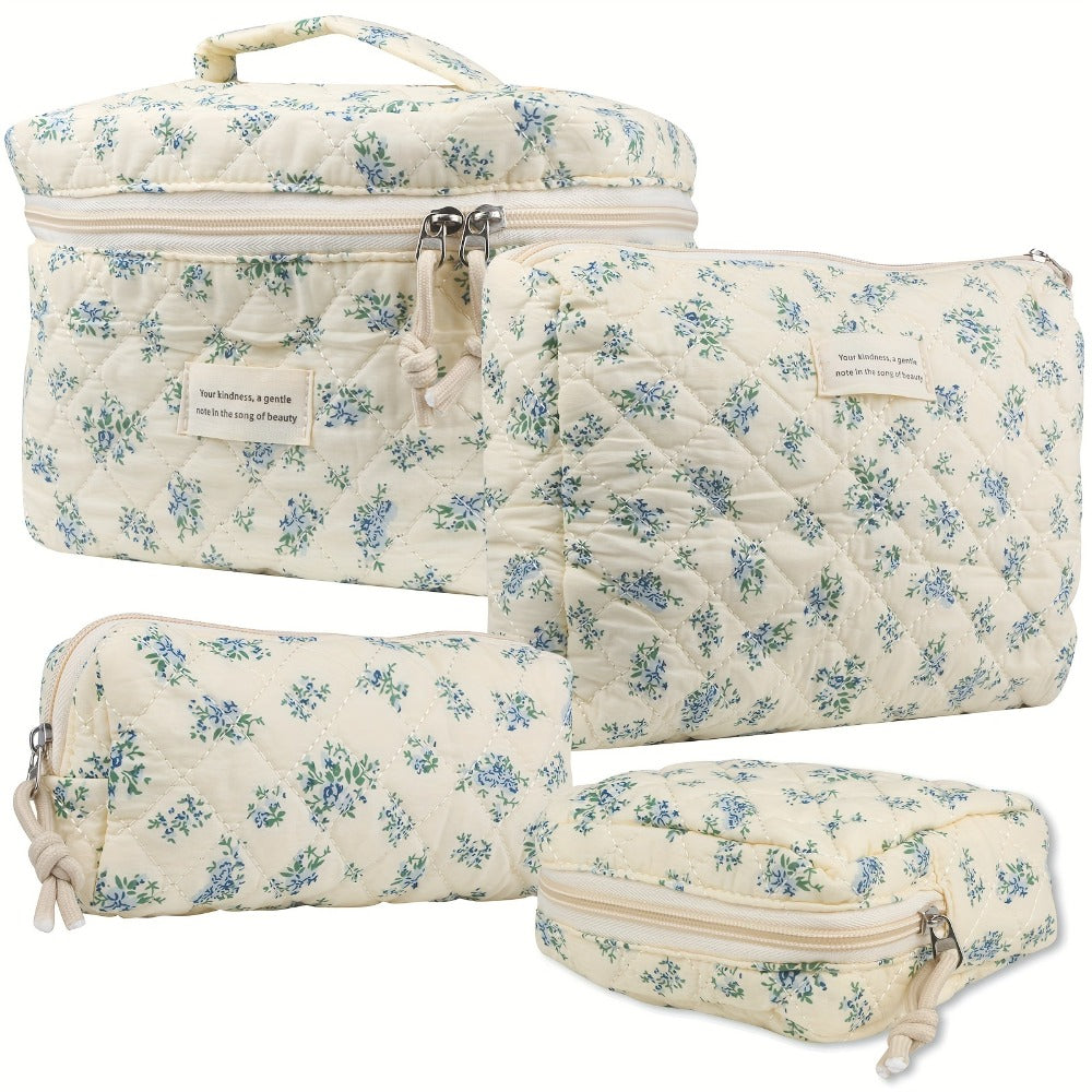 Makeup Bag Four-Piece Quilted Cotton Floral Pouch Set in Five Styles for Travel, Vanity and Everyday Beauty Storage — image 1