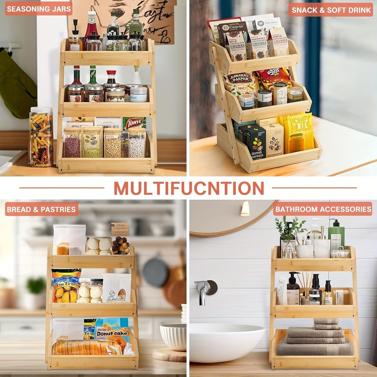Fruit Basket Stand 2 & 3 Tier Wooden Countertop Organizer Large Capacity Kitchen Storage for Fruits Vegetables Bread Produce 