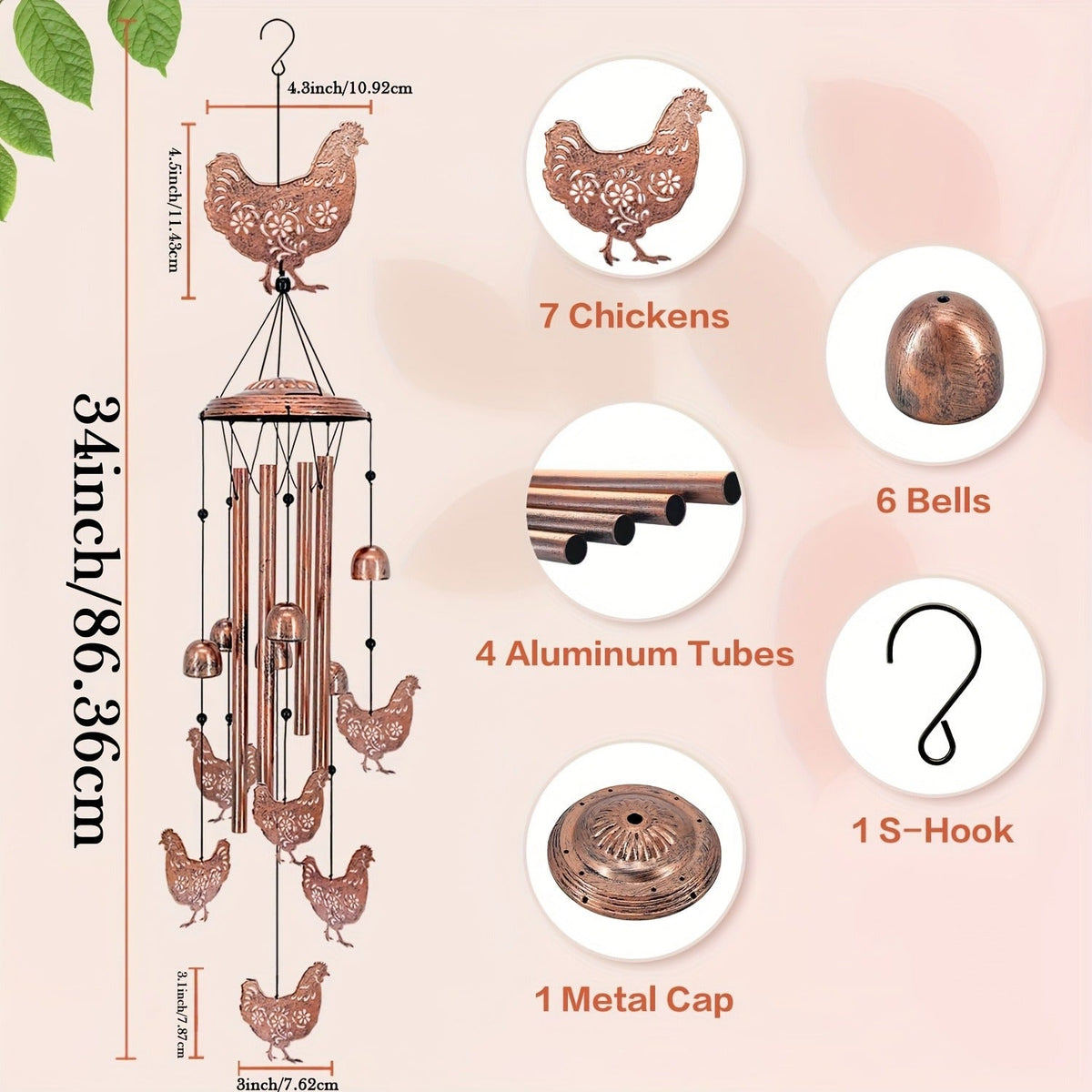 Wind Chime Outdoor Chicken Farmhouse Decor – Aluminum Tube Soothing Sound Garden Porch Patio Hanging Ornament — image 11