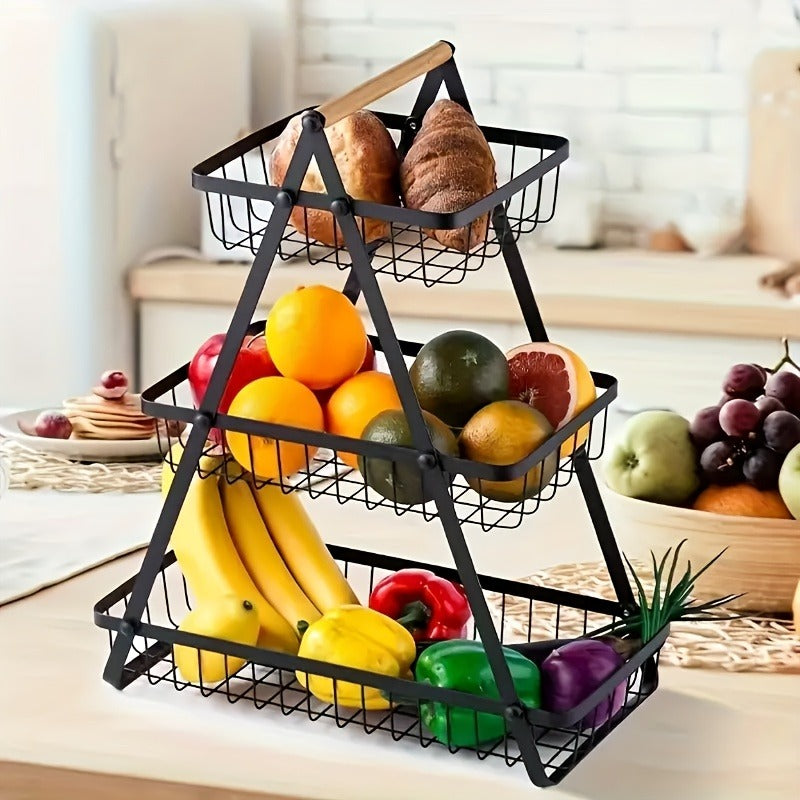 Fruit Basket Kitchen Organizer 2 or 3 Tier Metal Stand with Removable Wooden Handles for Countertop — image 12