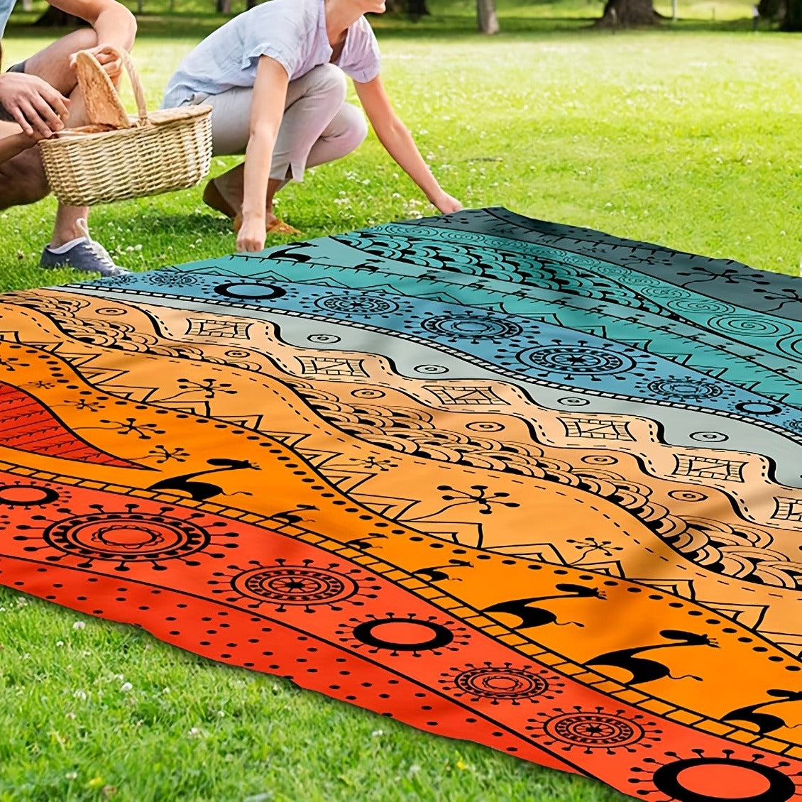 205 x 198cm Picnic Blanket with Orange, Aqua and Black Bohemian Animal Print and Matching Zip Carry Bag — image 11