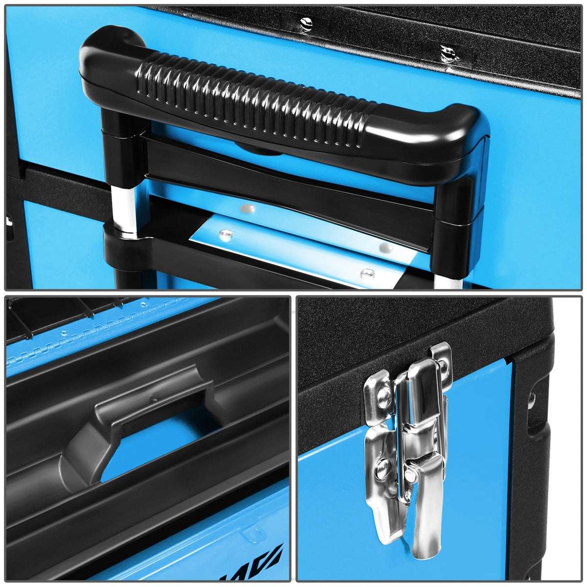 Rolling Tool Box 3-Tier Stackable Portable Toolbox with Wheels 19.5x12x28.5 Inch Steel PP 3-in-1 Detachable Compartments Meta