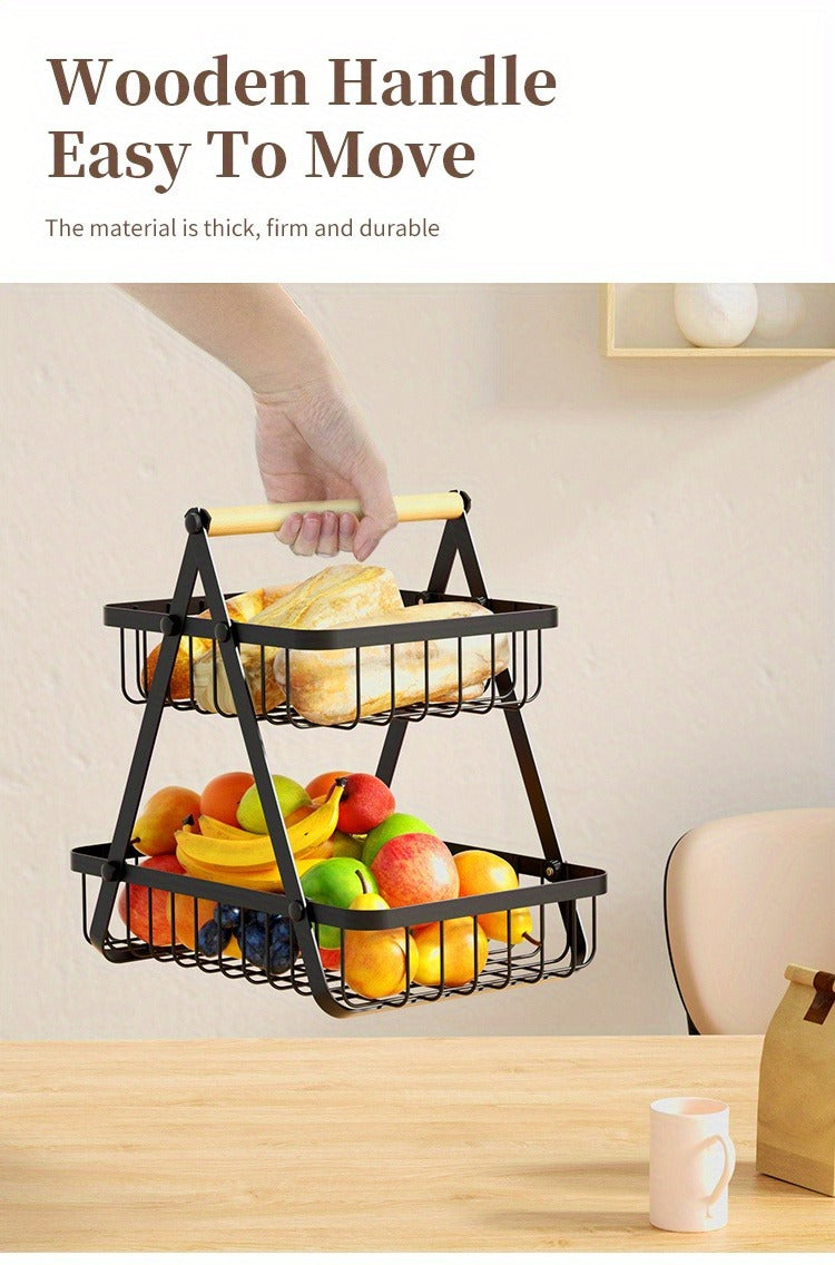 Two-Tier Black Wire Fruit Basket with Wood-Look Carry Handle and 12.2-Inch Countertop Frame — image 11