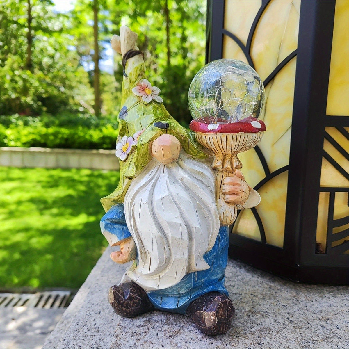 Solar Garden Gnome Statue with LED Magical Ball Light Outdoor Resin Dwarf Sculpture IP44 Waterproof Spring Yard Patio Decor H