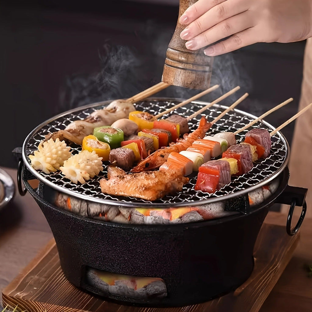 10.6-Inch Round Charcoal Grill Set with Cast-Iron Body, Cooking Grid, Wooden Base and Tongs — image 11