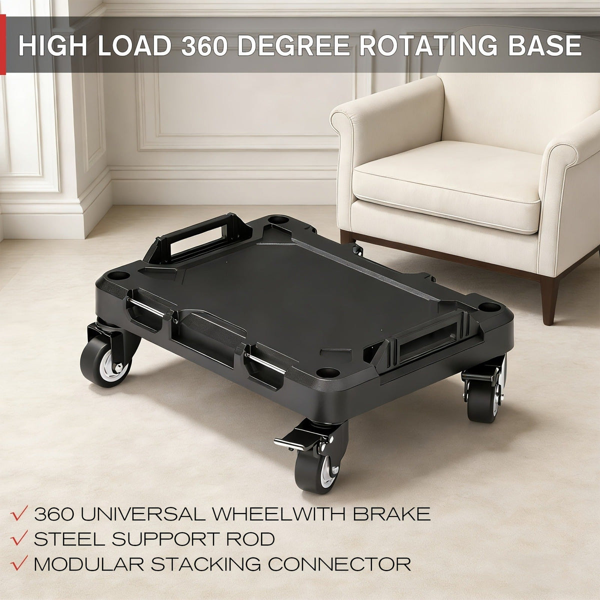 Rolling Tool Box with Wheels 3-Tier Stackable Organizer | Lockable Compartments, Connected Storage, 17" Large Plastic Toolbox