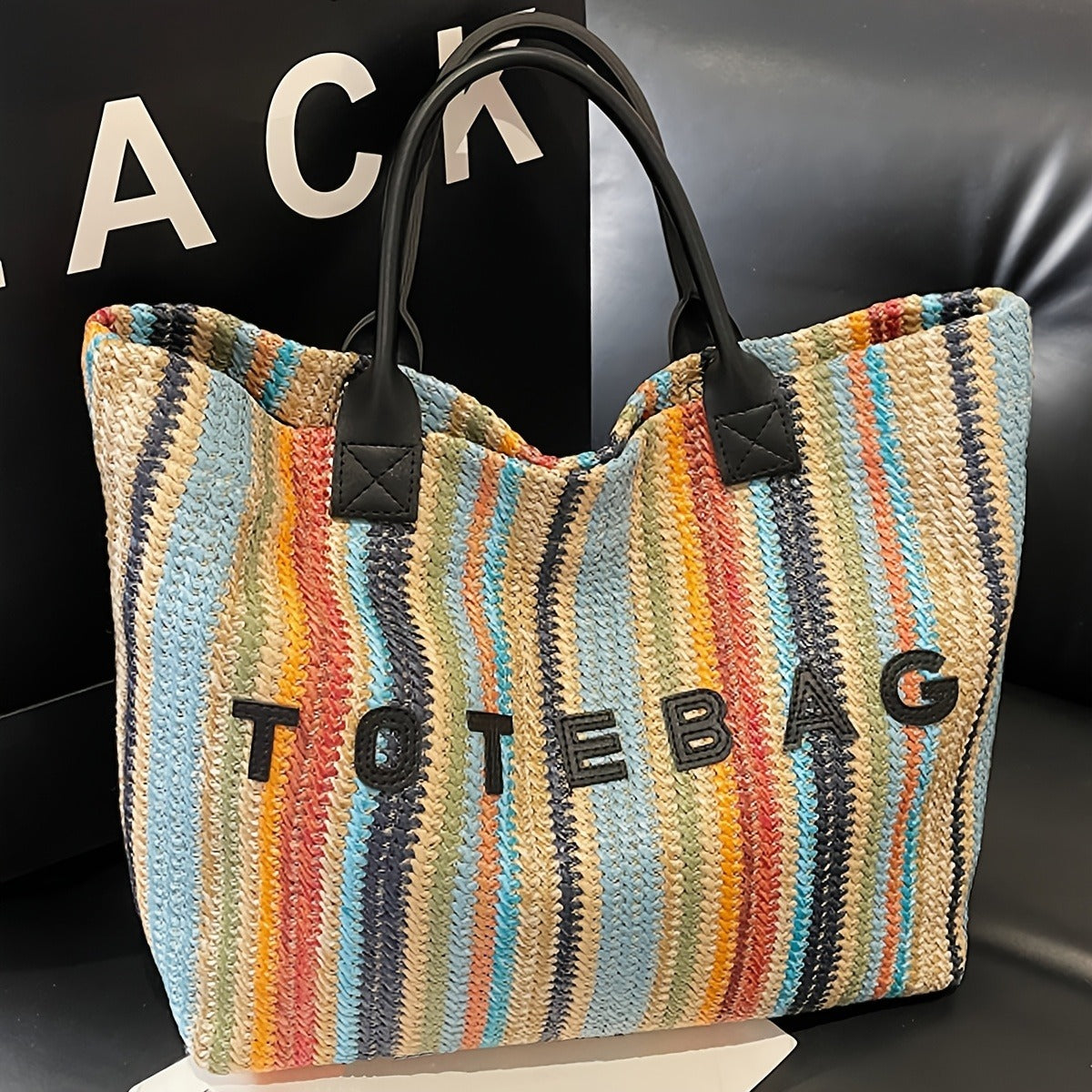 Straw Tote Bag for Women Large Capacity Bohemian Hand-Woven Striped Beach Bag Summer Vacation Shoulder Bag Colorful Letter Pa