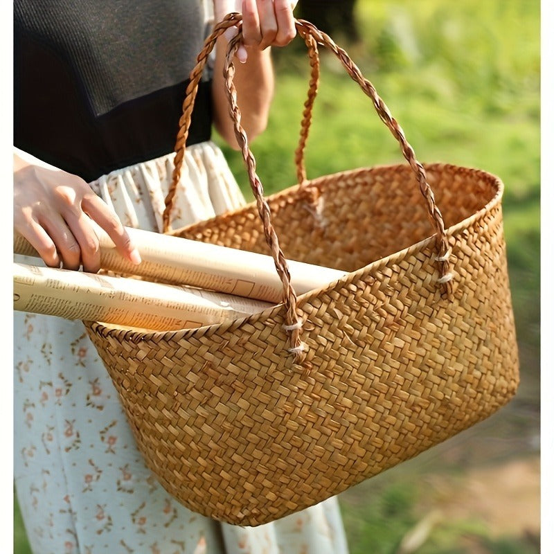 Large Woven Straw Picnic Tote Basket with Long Handles, Open Top Natural-Color Outdoor Carry Design — image 11