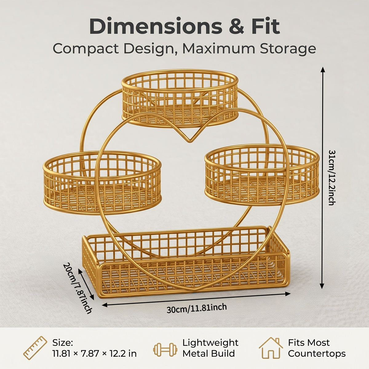 Three-Tier Gold-Tone Wire Fruit Basket with Three Round Bowls and Rectangular Countertop Base — image 11