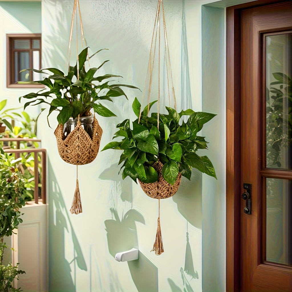 Macrame Plant Hanger with Tassels, Bohemian Cotton Rope Crochet Wall Basket, Indoor Outdoor Hanging Planter with Hooks, Boho 
