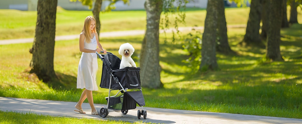 Black Three-Wheel Pet Stroller with Mesh Cabin, Front Cover, Cup Tray and Lower Storage Basket — image 5
