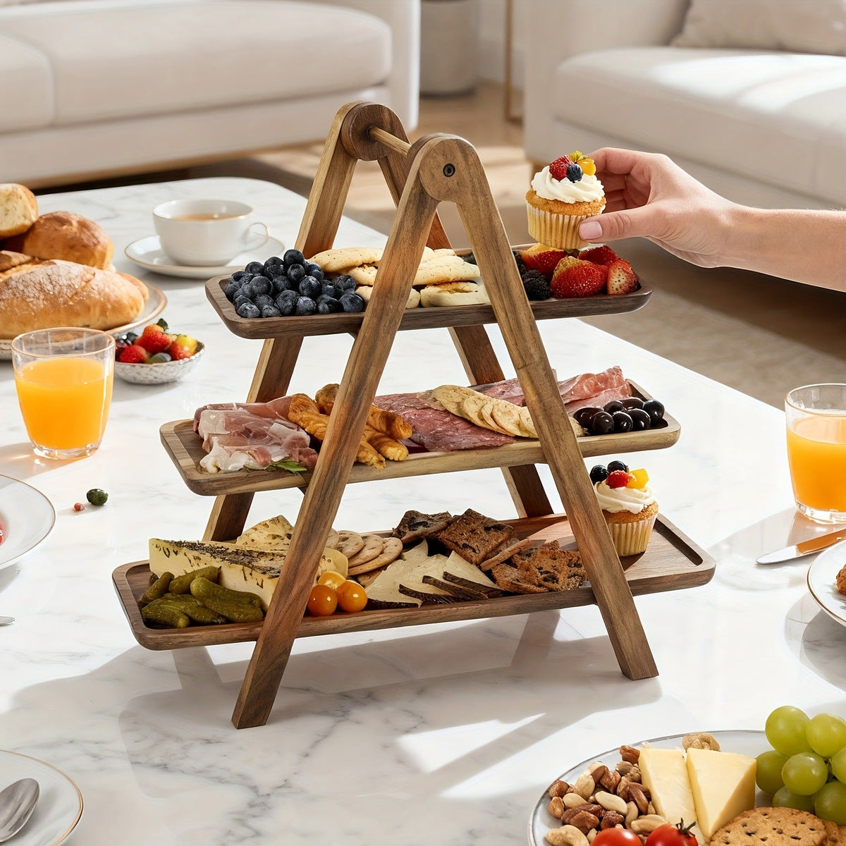 Cake Stand 3 Tier Wooden Serving Tray Farmhouse Dessert Display Cupcake Tower Bread Basket Collapsible Tiered Platter for Wed
