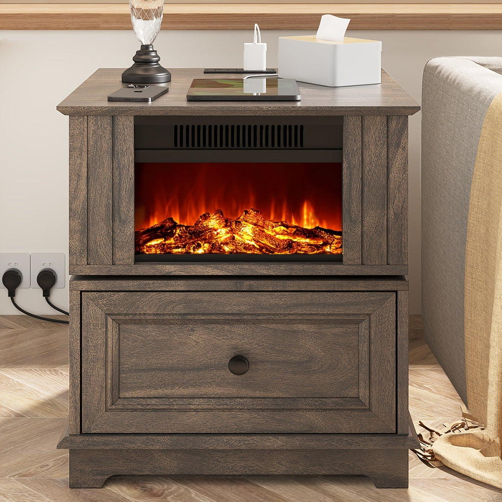 Electric Fireplace End Table Rotating 13-Inch Screen Side Table with Fast Charging Station Storage Shelf for Living Room Bedr