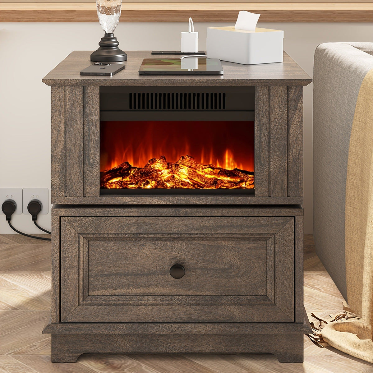 Electric Fireplace End Table Rotating 13-Inch Screen Side Table with Fast Charging Station Storage Shelf for Living Room Bedr