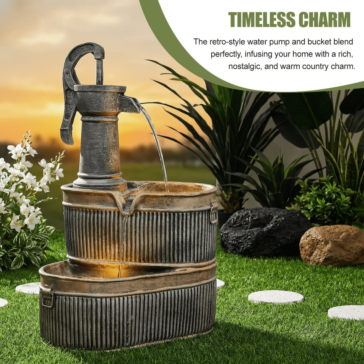 Outdoor Water Fountain 2-Tier Barrel with LED Light & Pump - Rustic Resin Garden Fountain for Patio — image 10