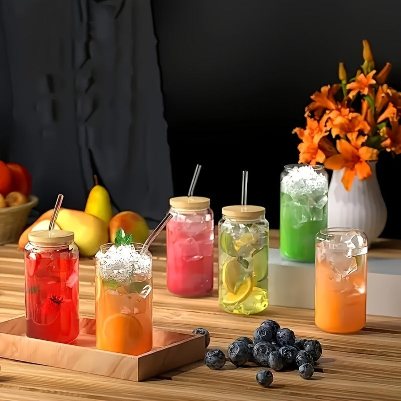 Drinking Glasses Set with Lid and Straw 550ml Oval Glass Cups 4 or 6 Piece, for Home Cooking, Dining and Outdoor Meals — imag