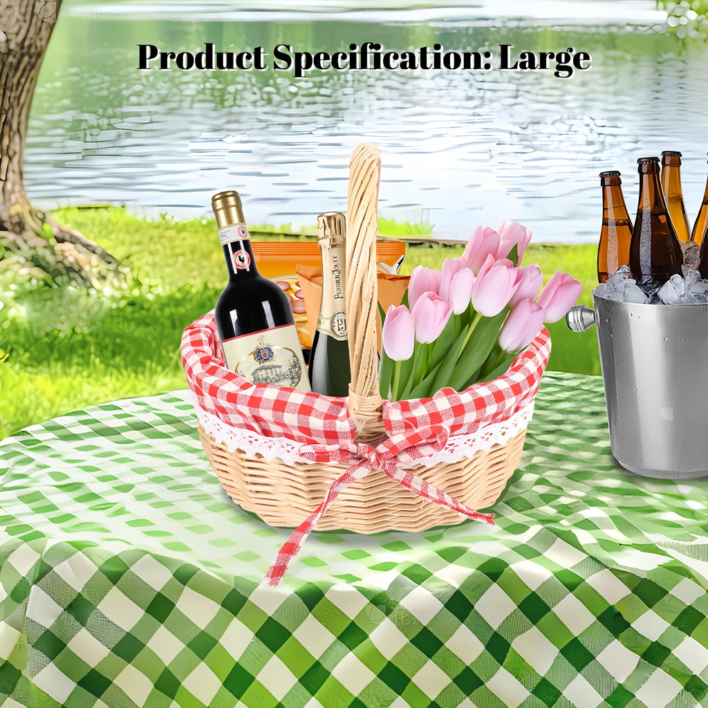 Large Wicker Picnic Basket with Split Lid, Central Carry Handle and Red Checkered Textile Lining — image 11