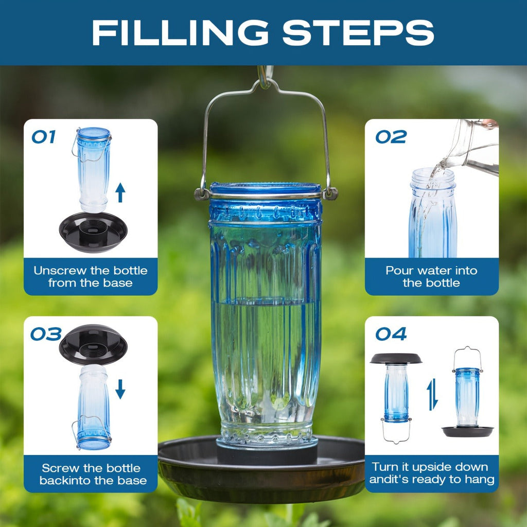 Bird Waterer Outdoor Hanging Glass Wild Bird Water Dispenser with Metal Handle – Gravity Fed Garden Yard Patio Tree Bird Feed