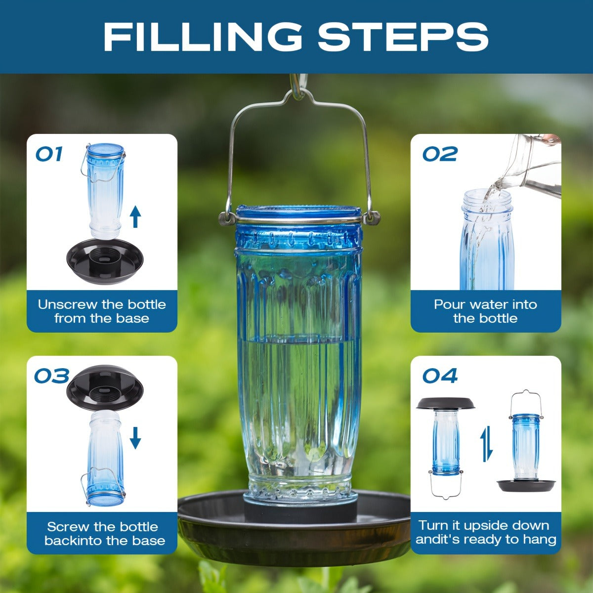 Bird Waterer Outdoor Hanging Glass Wild Bird Water Dispenser with Metal Handle – Gravity Fed Garden Yard Patio Tree Bird Feed