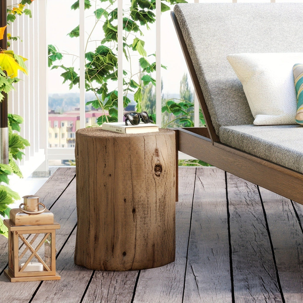 Outdoor Side Table Faux Wood Tree-Stump Design in Magnesia with Cylindrical Form and Brown Finish — image 10