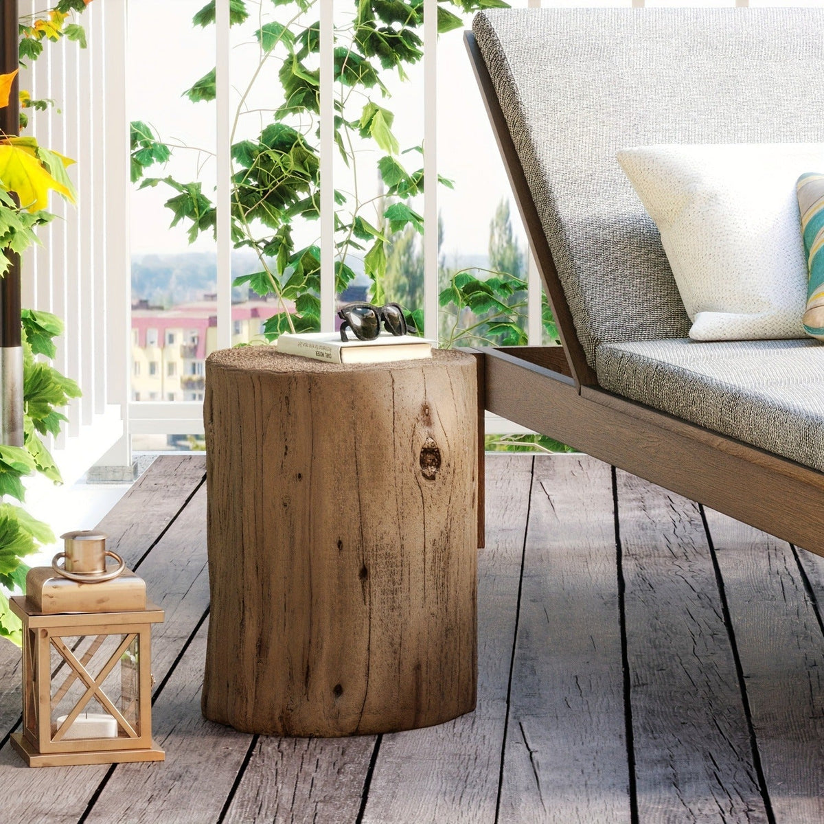 Outdoor Side Table Faux Wood Tree-Stump Design in Magnesia with Cylindrical Form and Brown Finish — image 10