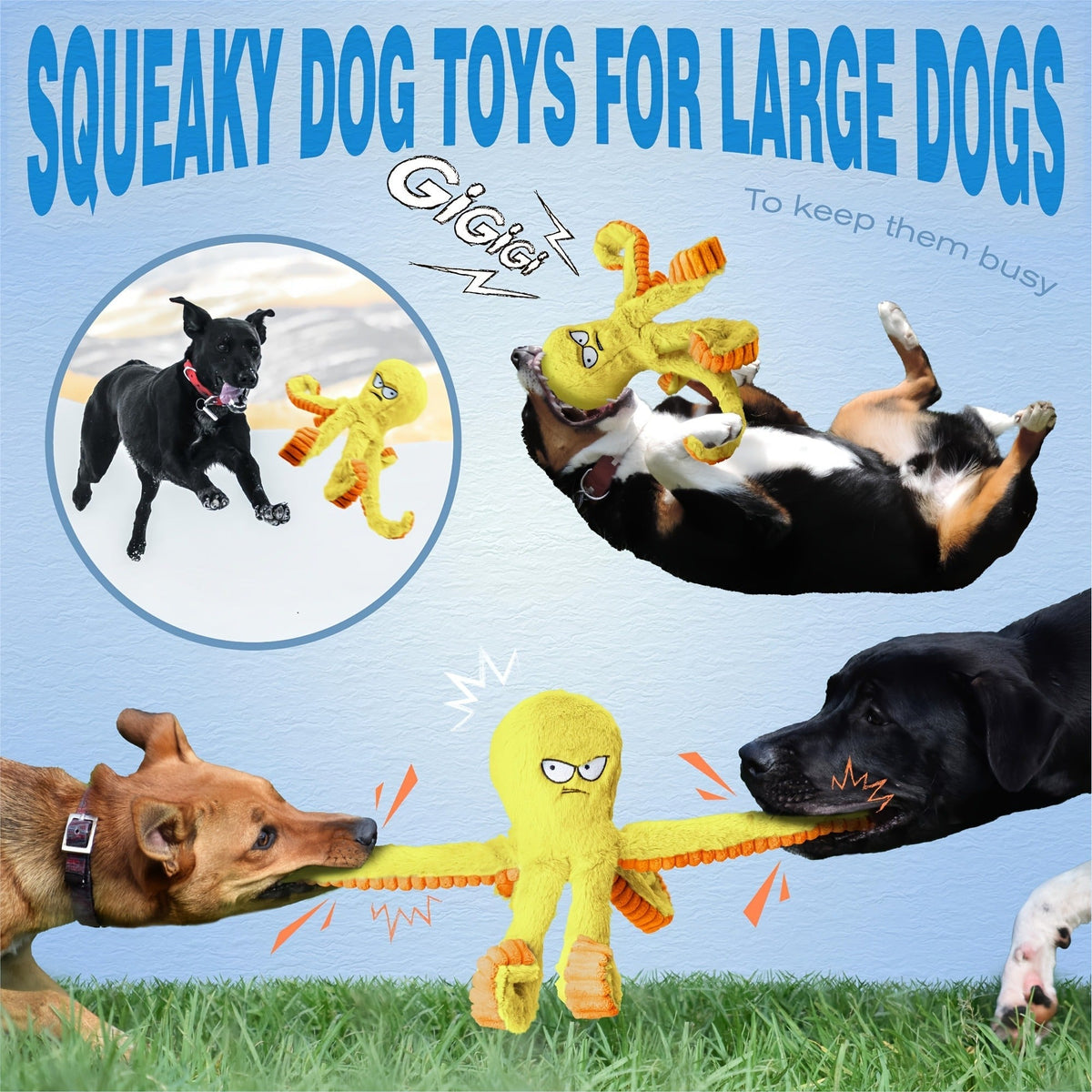 Dog Toy Octopus Plush with Built-In Squeaker and Crinkle Texture in Blue or Yellow with 1, 2 or 4-Pack Options — image 5