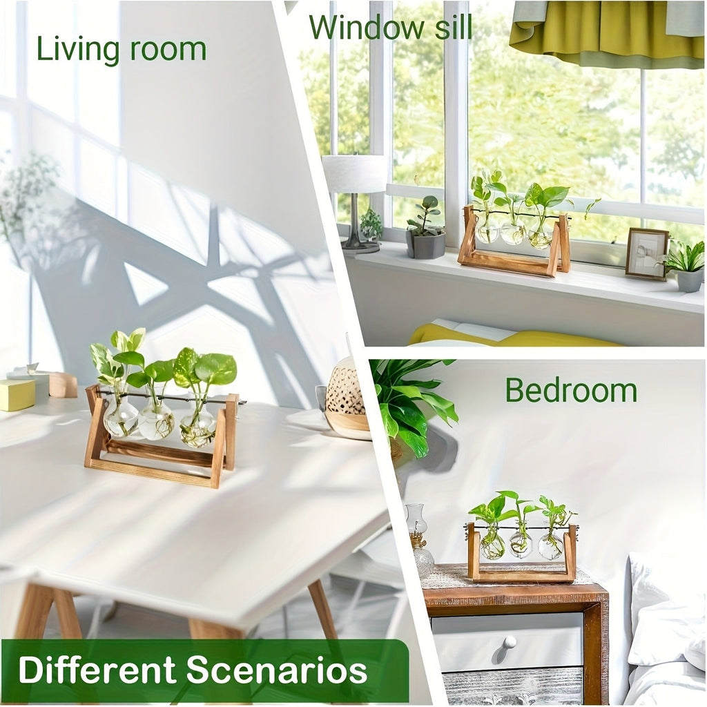 Propagation Station 3 Bulb Glass Vase with Wooden Stand – Hydroponic Plant Terrarium for Home Office Desk Decor — image 11