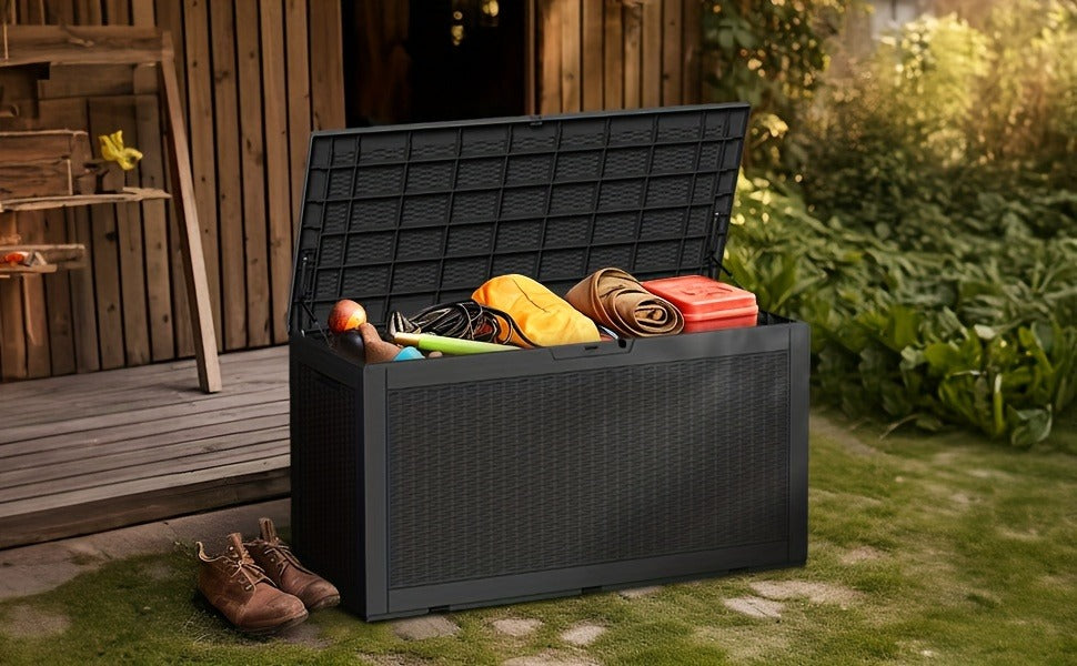 100-Gallon Rattan-Style Outdoor Deck Box with Lockable Lid, Lift Supports and Black Finish — image 10