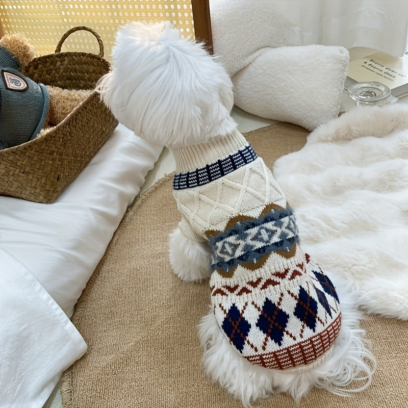Cable-Knit Dog Turtleneck Sweater with Fair Isle Pattern, Beige or Blue and Five XS–XL Sizes — image 7