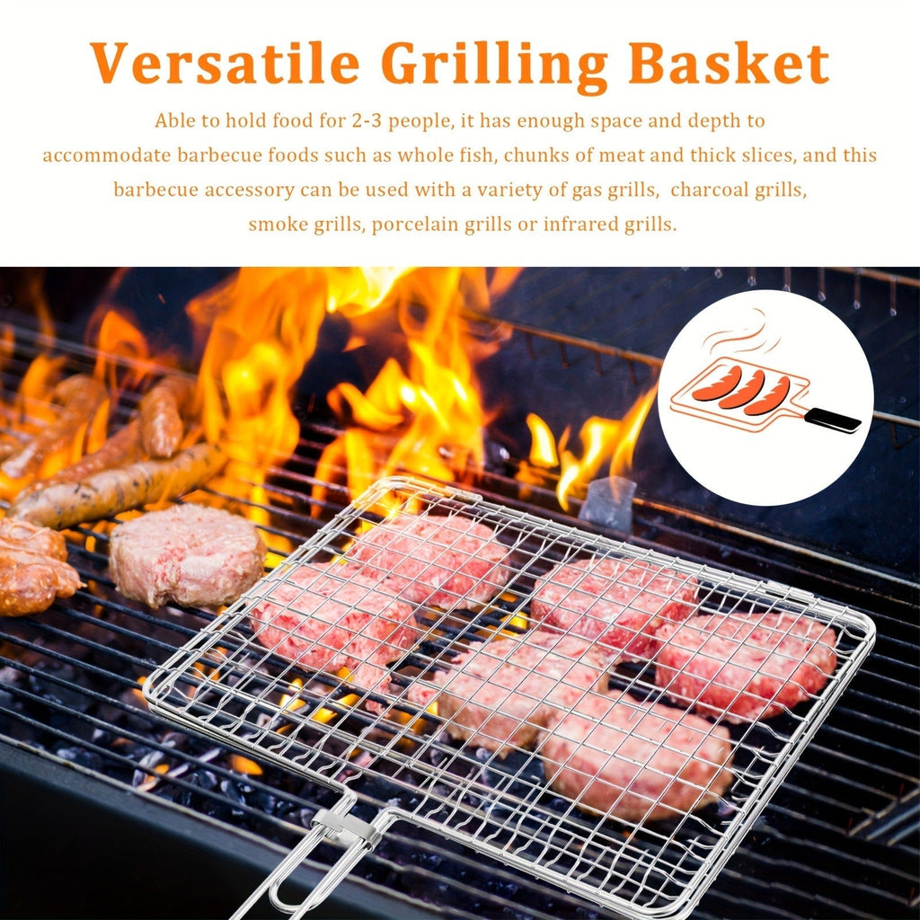 Grill Basket Stainless Steel Folding BBQ Grilling Basket for Fish Chicken Vegetables Shrimp Portable Outdoor Camping Barbecue