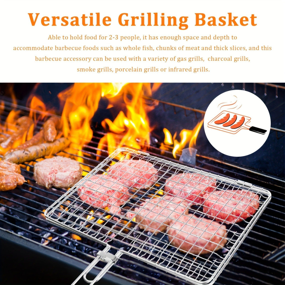 Grill Basket Stainless Steel Folding BBQ Grilling Basket for Fish Chicken Vegetables Shrimp Portable Outdoor Camping Barbecue