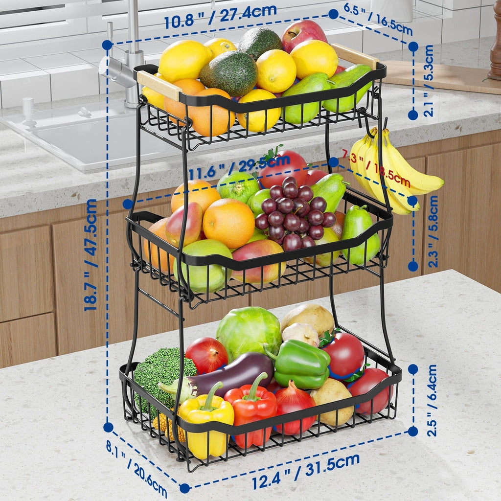 Tiered Fruit Basket Kitchen Organizer with Banana Hook, Removable 2 or 3 Metal Baskets and Wood Handle — image 12