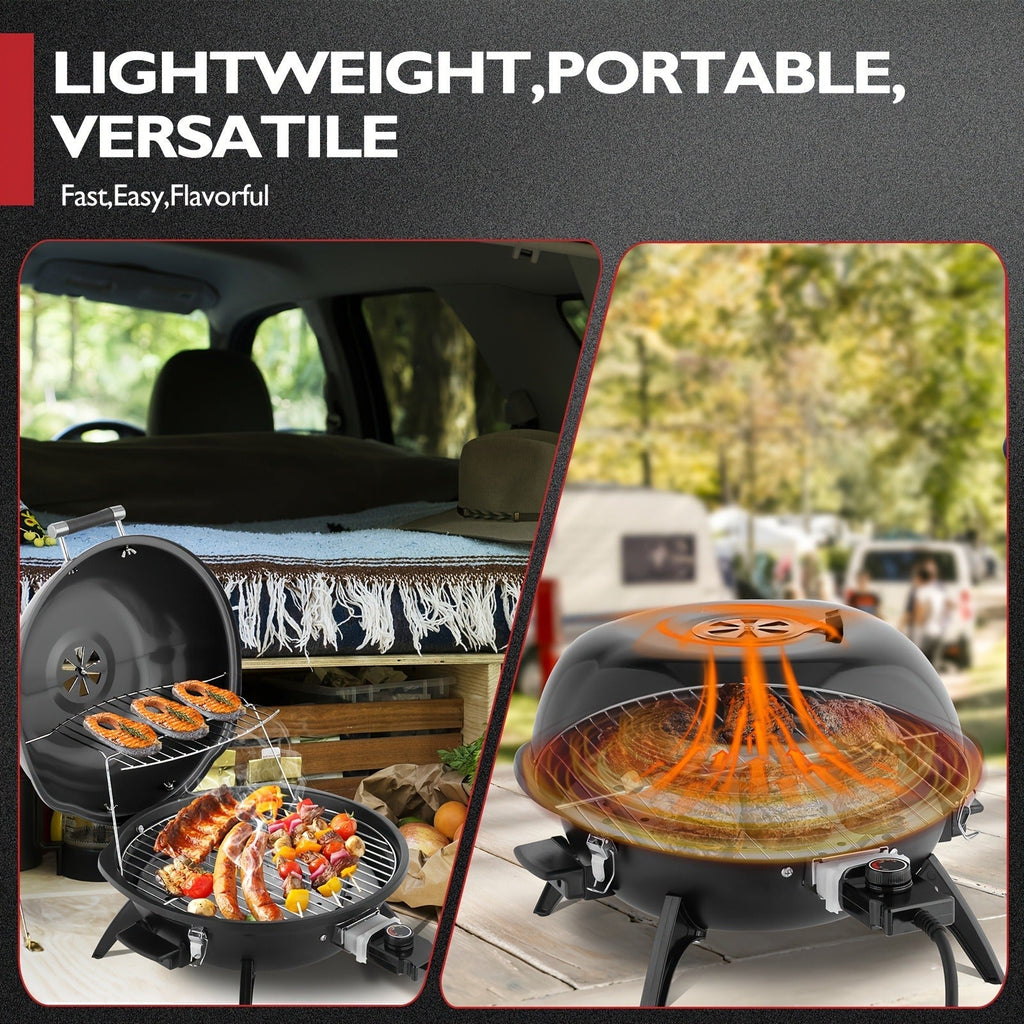 Electric BBQ Grill 1600W Indoor Outdoor Tabletop Grill with Lid Stainless Steel Heating Tube Chrome Grate Cool-Touch Handle —