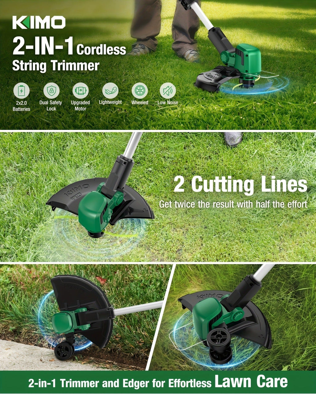 String Trimmer Cordless 2-in-1 Weed Wacker & Lawn Edger with Wheels, KIMO Brushless Motor 20000 RPM — image 11