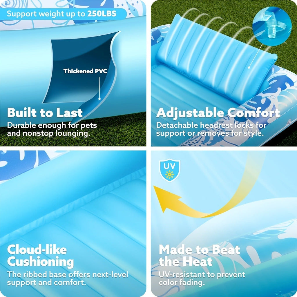 Tanning Pool Float 4-in-1, Inflatable Sunbathing Lounger with Detachable Pillow, Cup Holder & Wrap Rope — image 12