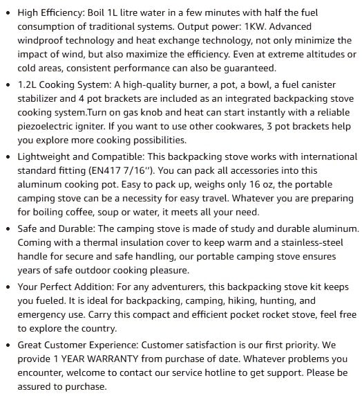 Backpacking Stove Cooking System with Pot Piezo Ignition 1KW Isobutane Burner 1.2L Pot Brackets Included for Garden, Patio an