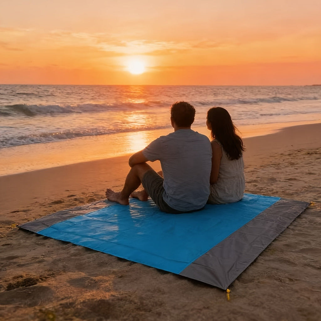 210 x 200cm Picnic Mat with Blue Center Panel, Grey Border, Drawstring Carry Pouch and Ground Stakes — image 11
