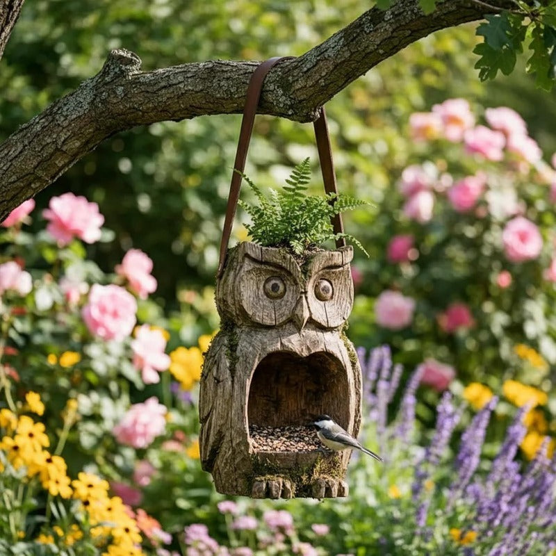 Bird Feeder Hanging Outdoor Rustic Wood Owl-Shaped Plant Pot for Patio Lawn Garden Decor – Open Design Decorative Planter for