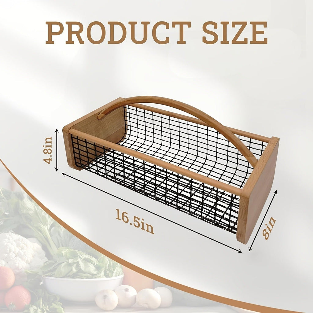 Garden Harvest Basket Metal Mesh with Wooden Handle – Rectangle Vegetable Fruit Picking Basket for Garden, Kitchen & Farmhous