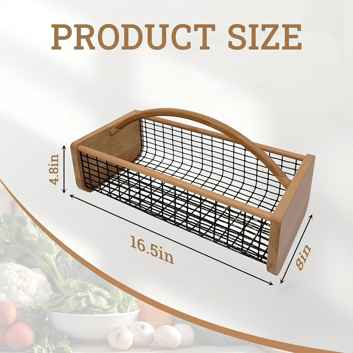 Garden Harvest Basket Metal Mesh with Wooden Handle – Rectangle Vegetable Fruit Picking Basket for Garden, Kitchen & Farmhous