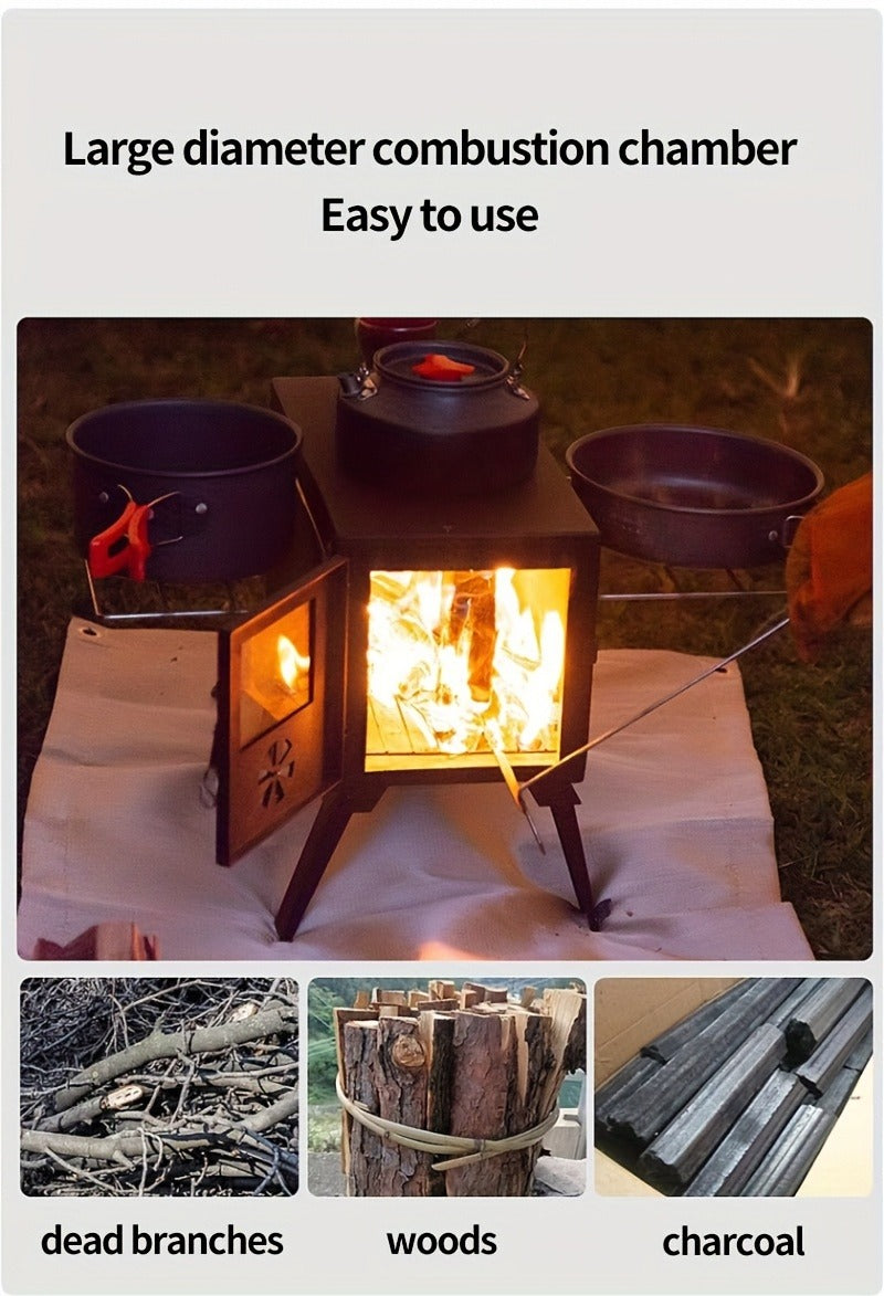 Portable Wood Stove with Chimney Pipe Set, Folding Legs, Side Shelves and Silver or Black Finish Options — image 12
