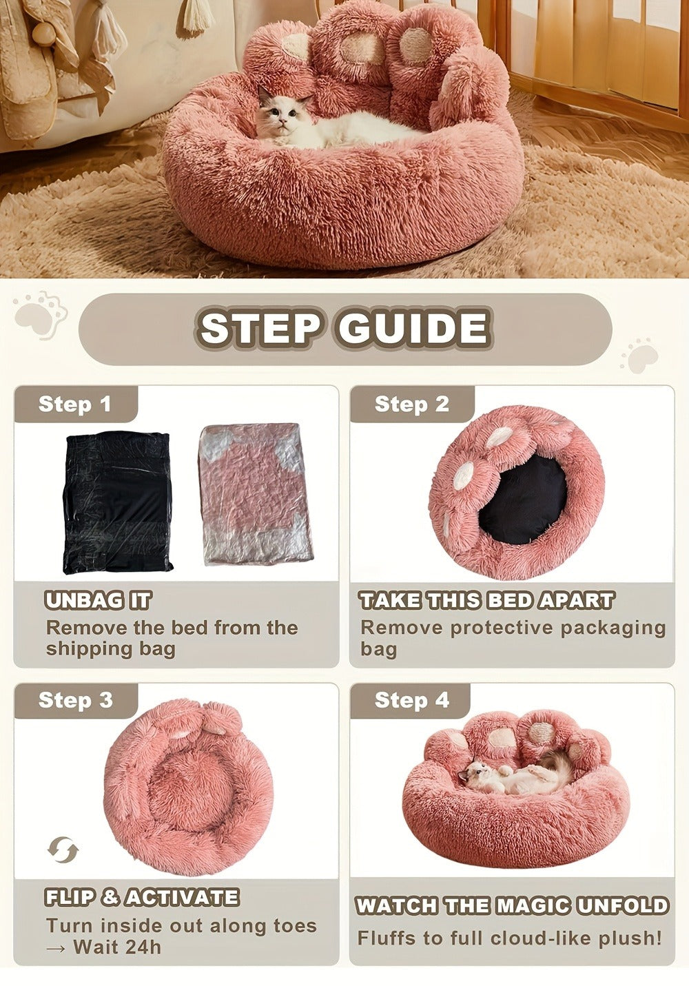 Bear-Paw Round Plush Pet Bed in Coffee, Pink or Gray with Four Weight-Labeled Size Options — image 21