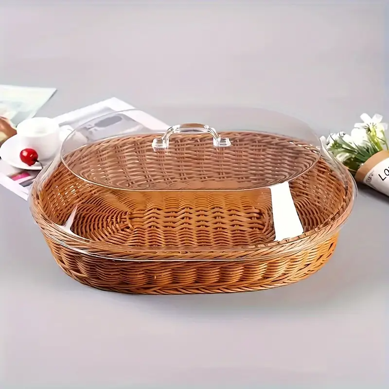 Wicker Bread Basket with Clear Acrylic Lid Rattan Storage Basket Washable Food Tray for Bread Fruit Desserts Kitchen Picnic H