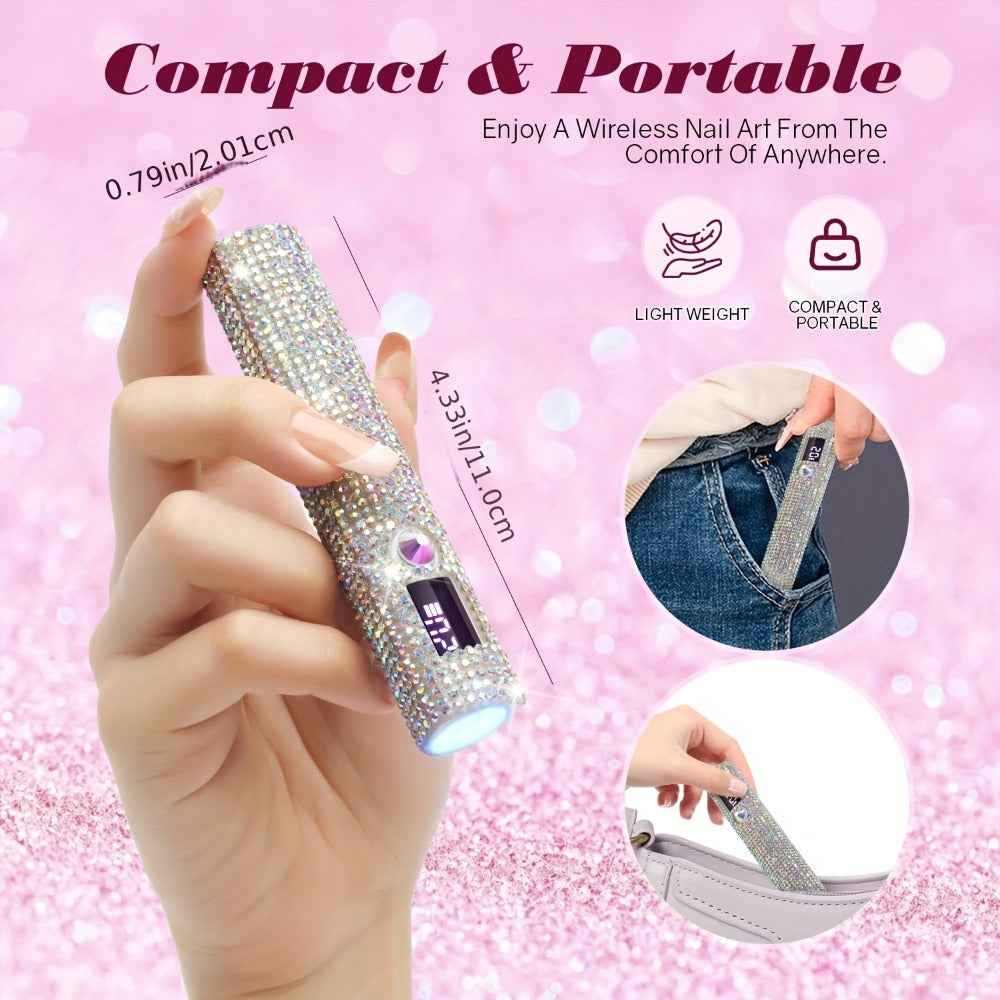 Portable LED Nail Lamp Rhinestone Design USB Rechargeable 365+405nm Quick Dry Gel Curer 20s 60s Timer LCD Display Wireless Na