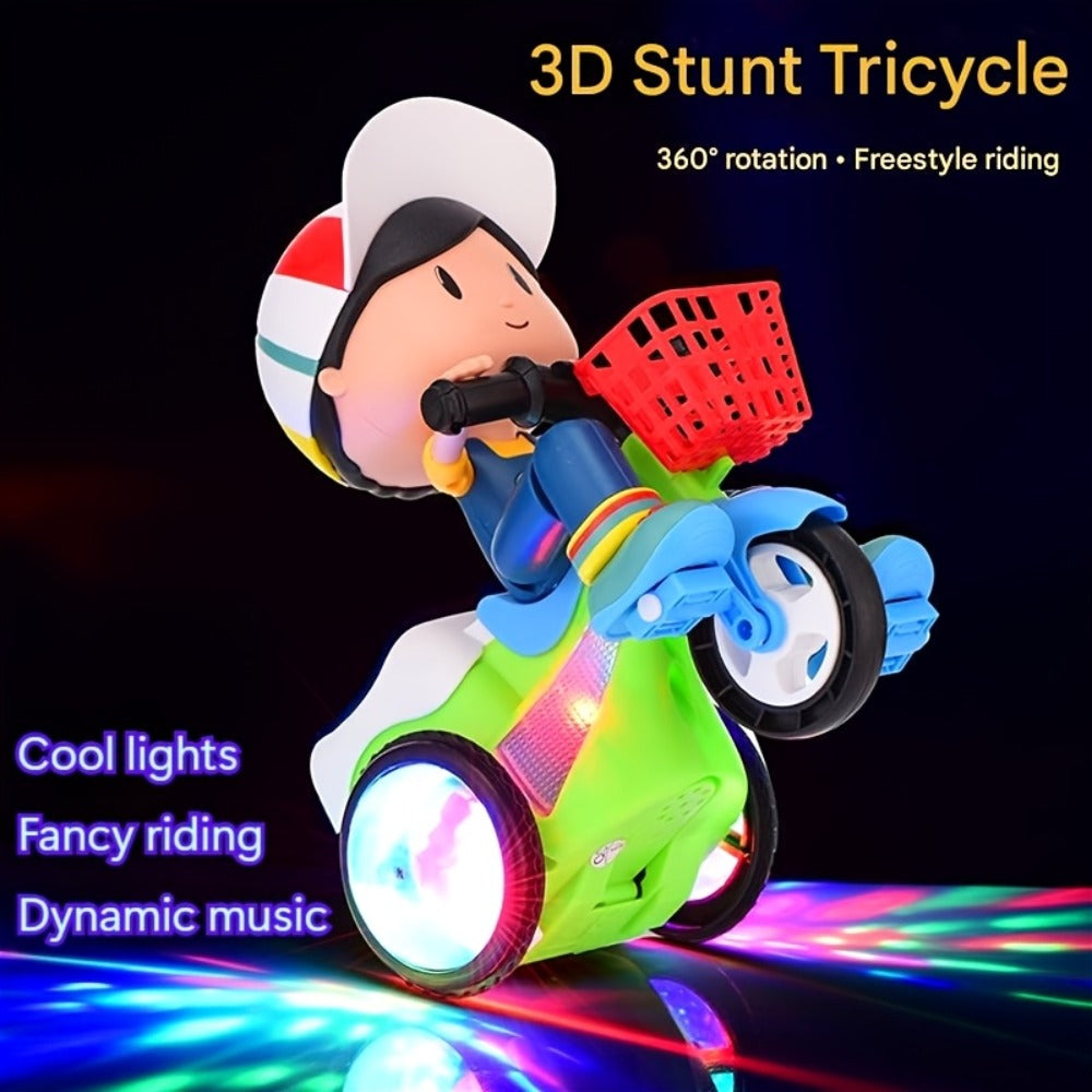 Kids Electric Tricycle Toy Motorcycle with 360° Rotation & Luminous Lights, Push & Power Dual-Mode Stunt Vehicle for Toddlers